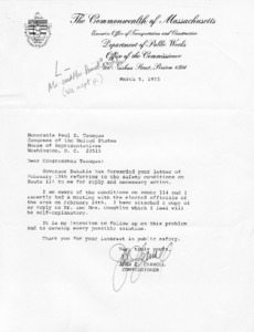 Letter from John J. Carroll, Commissioner to Paul E. Tsongas
