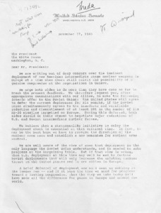 Letter to the President from Senators Mark O. Hatfield, Edward M. Kennedy and Representatives Silvio O. Conte and Edward J. Markey regarding imminent deployment of new American intermediate range nuclear weapons in Europe