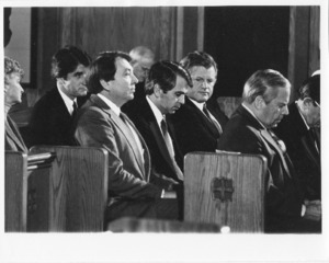 Photograph of Paul E. Tsongas, Senator Edward Kennedy with others at Funeral of Speaker McCormack