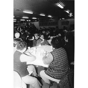 Guests attend a dinner held at the Josiah Quincy School, marking Chinatown's victory to build a community center on Parcel C