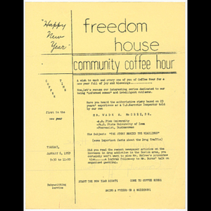 Flier advertising Freedom House Coffee Hour featuring Wade H. McCree, Sr., speaking on drug addiction