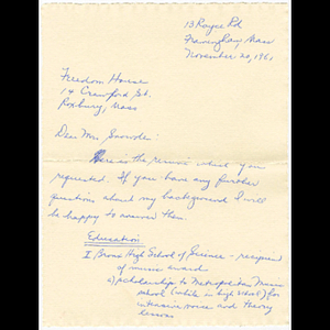 Letter from Suzanne Pemsler to Muriel Snowden about Music for Fun