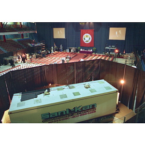 A trailer behind curtains at President Freeland's inauguration