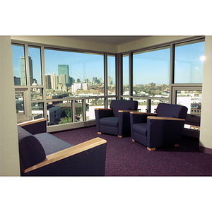 The interior of a West VIllage Campus dormitory and the view of the skyline