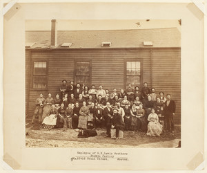 Group portrait of the employees of the W.K. Lewis Brothers Pickle Factory, Broad Street, seated outdoors