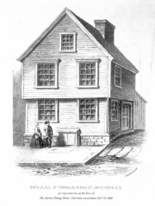 Birth place of Franklin, in Milk St., Jan. 6, 1705-6, O.S., as reproduced at the Fair of the Boston Young Men's Christian Association, Decr. 25, 1858