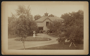 Exterior view of the stable on the Elisha Dillingham Bangs Estate on Central Street, entrance to Rangeley, Winchester, Mass., 1889