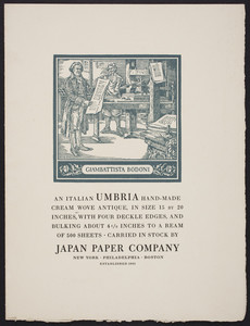 Giambattista Bodoni, an Italian umbria hand-made cream wove antique, Japan Paper Company, New York, Philadelphia, Boston, undated