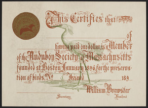 Membership card for the Audubon Society of Massachusetts, Boston, Mass., 1896-1899