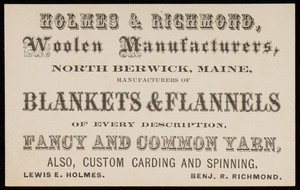 Trade card for Holmes & Richmond, woolen manufacturers, North Berwick, Maine, undated