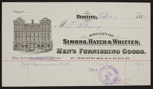 Billhead for Simons, Hatch & Whitten, men's furnishing goods, No.1 Winthrop Square & 18 to 32 Otis Street, Boston, Mass., dated February 27, 1884