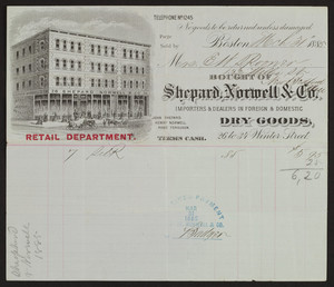 Billhead for Shepard, Norwell & Co., foreign and domestic dry goods, 26 to 34 Winter Street, Boston, Mass., March 31, 1885