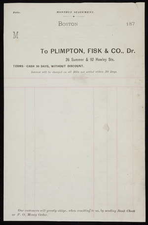 Billhead for Plimpton, Fisk & Co., Dr., silk & straw goods & artificial flowers, 26 Summer & Hawley Streets, Boston, Mass., 1870s