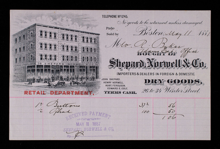 Billhead for Shepard, Norwell & Co., importers & dealers in foreign & domestic dry goods, 26 to 34 Winter Street, Boston, Mass., dated May 11, 1887