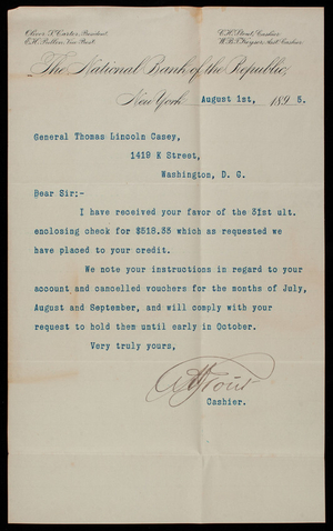 Charles H. Stout/National Bank of the Republic to Thomas Lincoln Casey, August 1, 1895