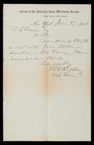 American Home Missionary Society to Thomas Lincoln Casey, June 17, 1858