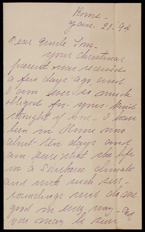 Bessie Hunt to Thomas Lincoln Casey, January 20, 1894