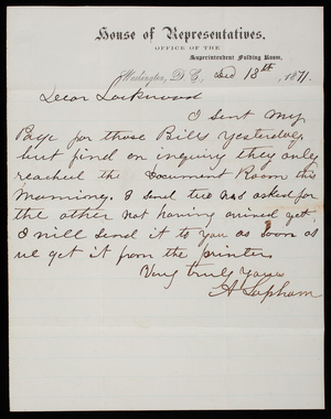 [Alanson] Lapham to Thomas Lincoln Casey, December 13, 1871