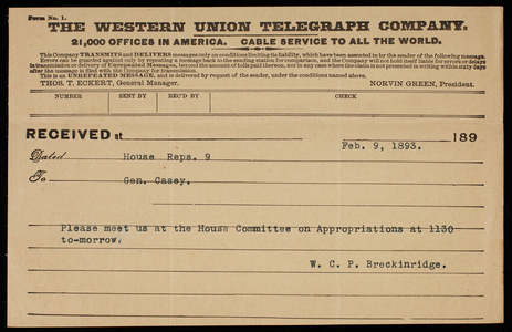 W. C. P. Breckinridge to Thomas Lincoln Casey, February 9, 1893, telegram