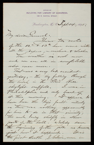 [Bernard R.] Green to Thomas Lincoln Casey, September 14, 1895