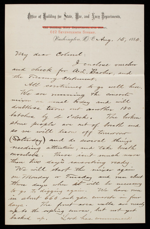 Bernard R. Green to Thomas Lincoln Casey, August 15, 1884