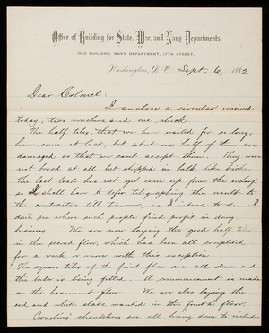 Bernard R. Green to Thomas Lincoln Casey, September 6, 1882