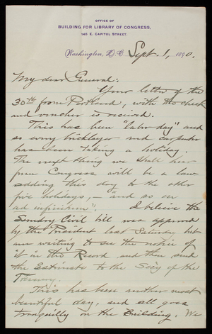 Bernard R. Green to Thomas Lincoln Casey, September 1, 1890