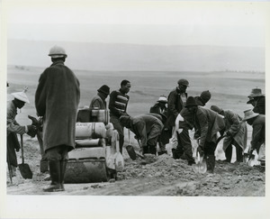 Gang of laborers working on a roadbed with shovels and small steamroller