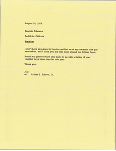 Memorandum from Judy A. Chilcote to Alastair J. Johnston