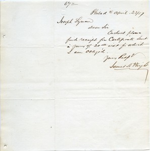 Letter from James H. Wright to Joseph Lyman