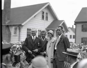 Amelia Earhart reception: Mayor Edward H. Larkin (of Medford), Wilmer Stultz (pilot), Amelia Earhart, and Louis Gordon (co-pilot and mechanic)