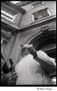 Howard Zinn outside the University Placement Office, Boston University, addressing protesters demonstrating on-campus recruiting by Dow Chemical Co.