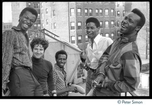 Chambers Brothers on a city rooftop: (from left) George Chambers, Brian Keenan, Joe Chambers, Willie Chambers, and Lester Chambers