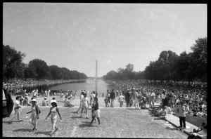 View of the crowd along the Reflecting Pond, with the Washington Monument in the distance, 25th Anniversary of the March on Washington