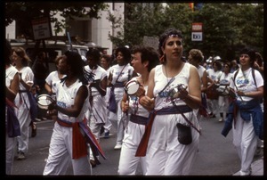 Sistah Boom, marching in the San Francisco Pride Parade, playing instruments