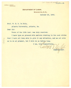 Letter from United States Bureau of Labor to W. E. B. Du Bois