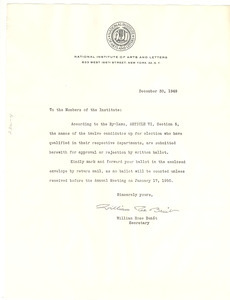 Circular letter from National Institute of Arts and Letters to W. E. B. Du Bois