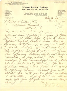 Letter from Morris Brown College Industrial Department to W. E. B. Du Bois