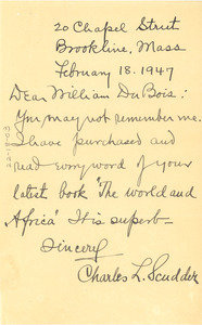 Letter from Charles L. Scudder to W. E. B. Du Bois