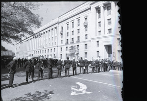 May Day demonstrations and street actions by the Justice Department: line of police in front of Department of Justice building