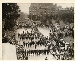Legionnaires passing the Massachusetts State House and governor's viewing stand in the Victory Parade