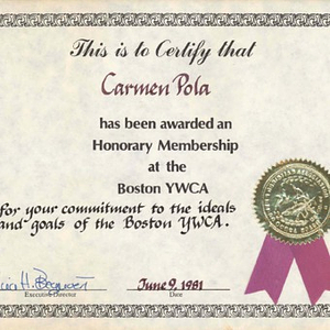 Certificate granting Carmen Pola membership in the Boston YWCA