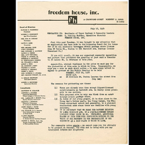 Memorandum to residents of Upper Roxbury and community leaders from O. Phillip Snowden, Executive Director, Freedom House, Inc.