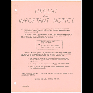 Memorandum to all property owners on Ruthven, Pleasanton, Homestead, Hutchings, Brookledge, Seaver Streets, Elm Hill and Humboldt Avenues (between Ruthven and Seaver) about meeting on May 27, 1963