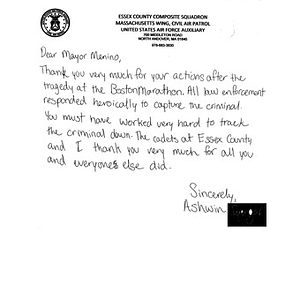 Letter of Sympathy from a Youth Cadet of the Essex County Composite Squadron, Massachusetts Wing, Civil Air Patrol, United States Air Force Auxiliary to the City of Boston