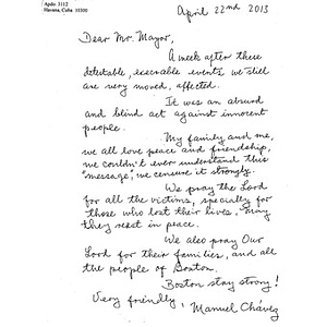 Letter of support to Mayor of Boston from Havana, Cuba