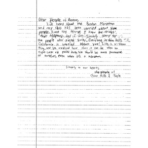 Letter from a student at Canyon Hills Junior High School sent to the City of Boston after the 2013 Boston Marathon bombings (California)