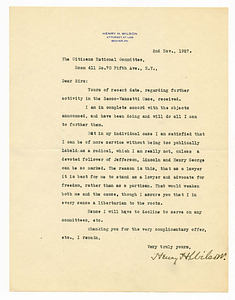 Letter from Henry H. Wilson to Sacco-Vanzetti National League, November 2, 1927