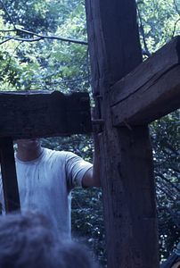 Moon House deconstruction in Moon Lot - Primmer Farm. First floor being post-and-beam dismantled by Peter Jensen (Class of 1971).