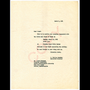 Copy letter from O. Phillip Snowden to Lloyd Sinclair concerning guest speaking at meeting to be held March 12, 1962